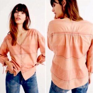 Madewell Morning View Peach Plaid Top Tie Sleeve Boho Cottagecore Size XS